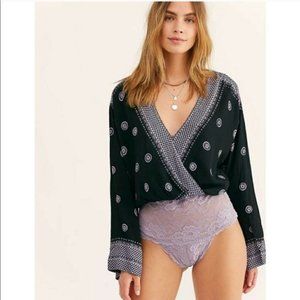 Free People On Board Plunging Long Flared Sleeve Lace V-Neck Bodysuit